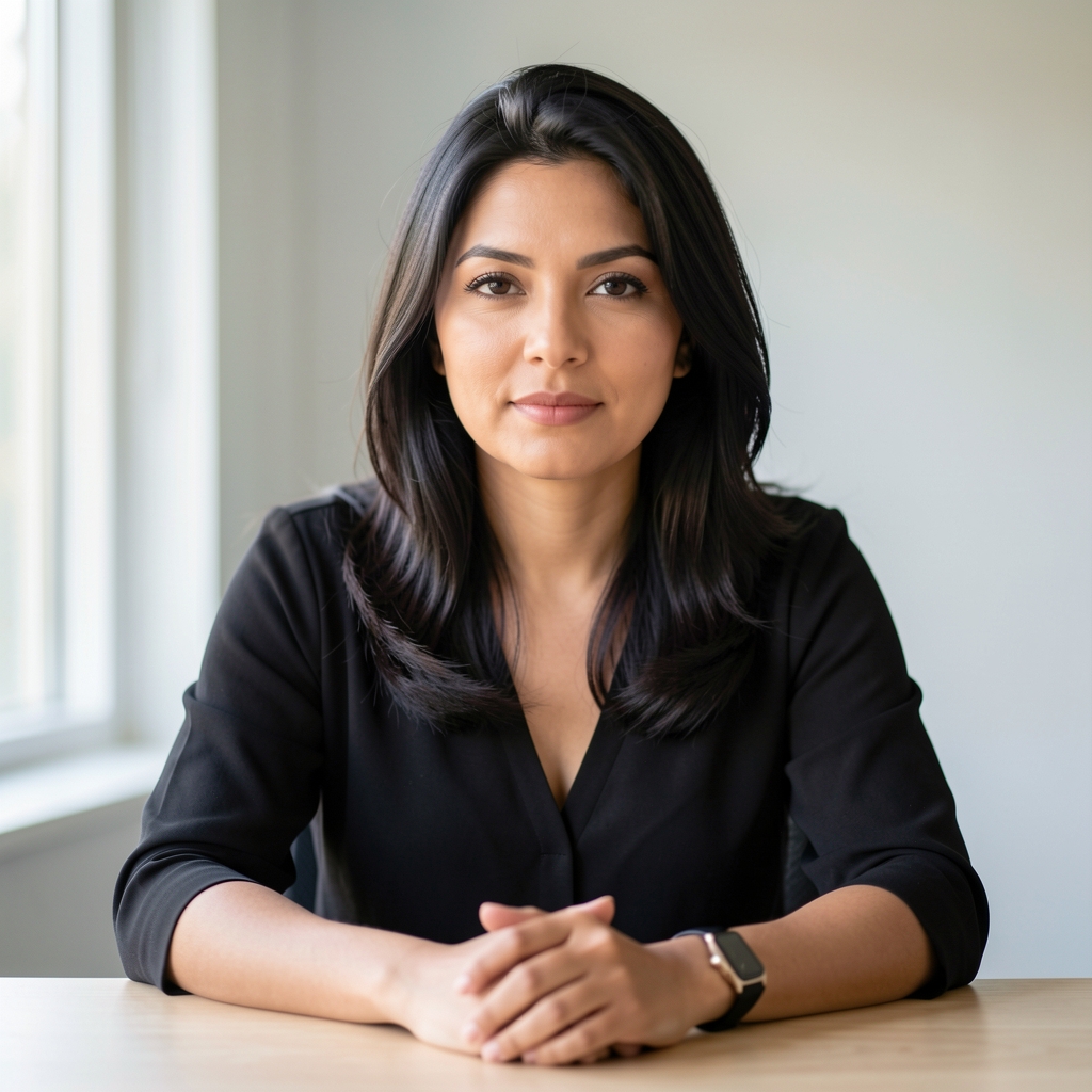 Portrait of a woman with dark hair in a light editorial studio, seated at a desk with natural sidelight, looking directly at camera with composed expression